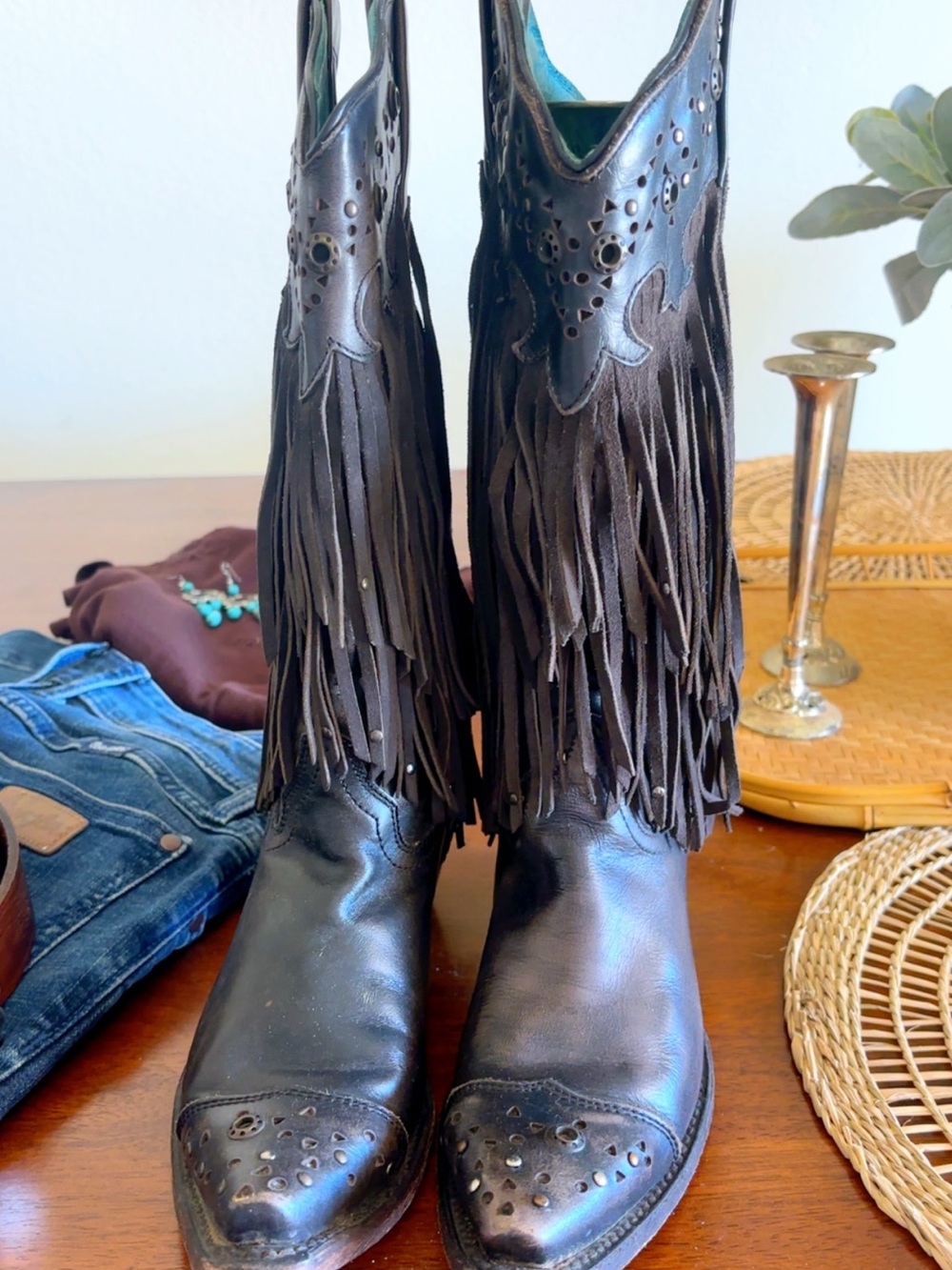 Corral Dark Brown Leather Fringe Western Heeled Boots